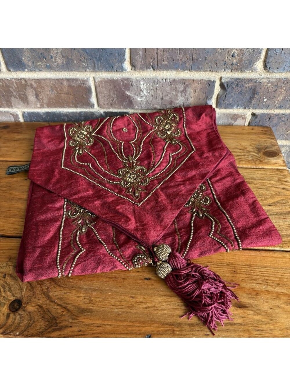 Borgata Burgundy Gold Beaded Table Runner Tassels 54"x14"